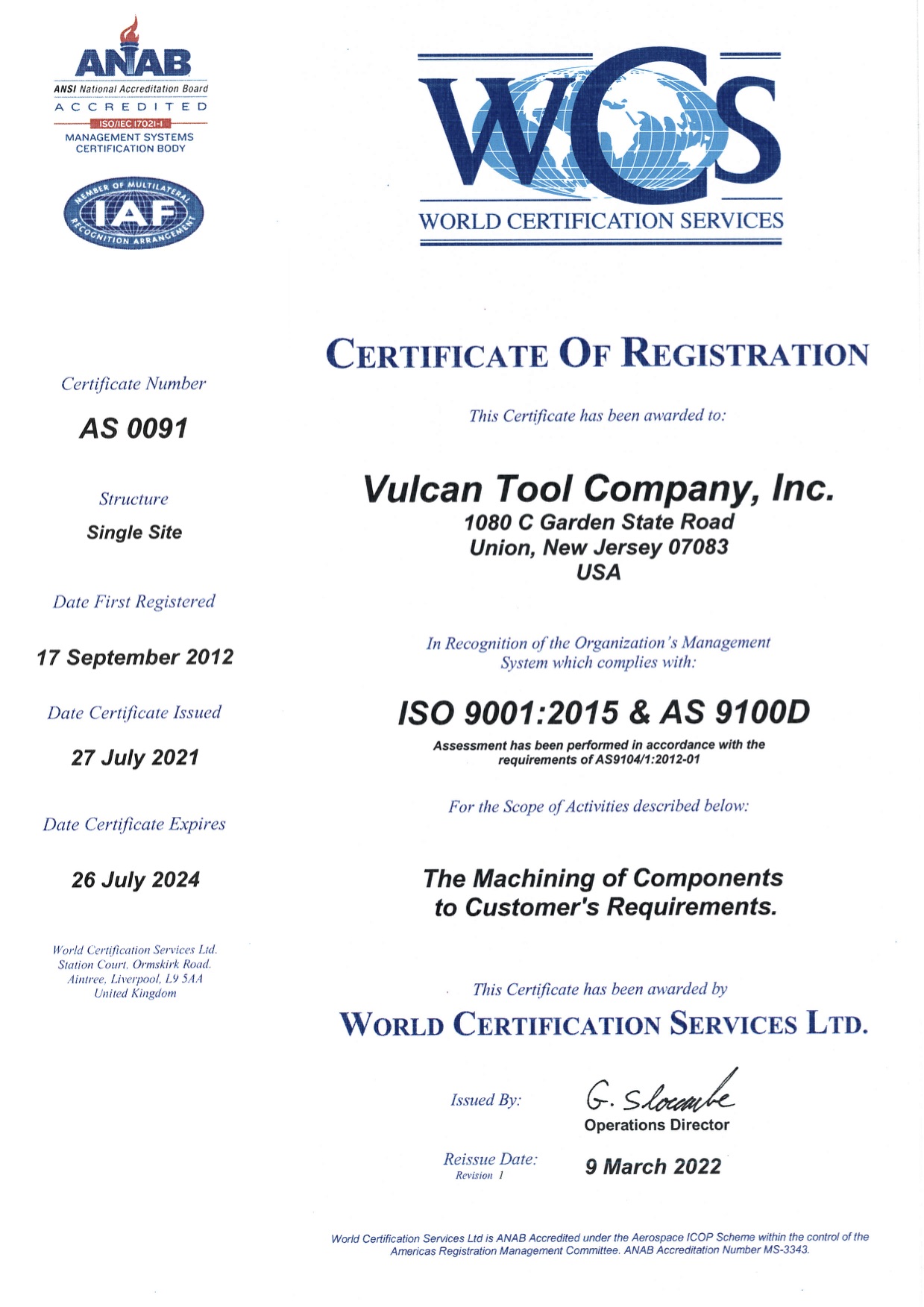 Vulcal Tool Company, Inc.- Certificate of Registration # AS 0091 (2022) ...